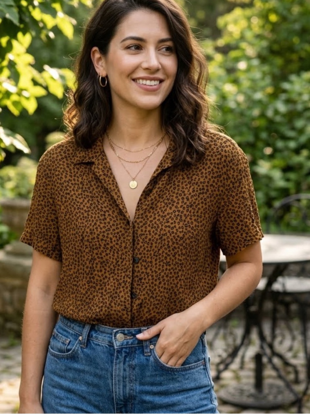 Jones New York Brown Leopard-Print Short Sleeve Button Down Shirt